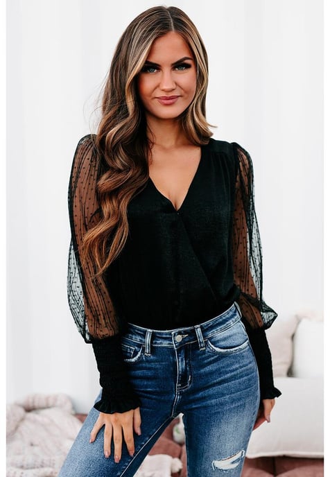 Women's Mesh Surplice Bodysuit in Black - Image 2