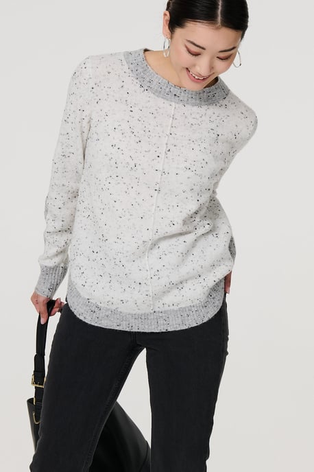Grey Colour Block Long Sleeve Curve Hem Jumper