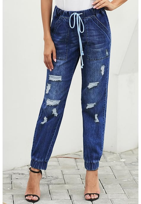 Women's Drawstring Pocketed Joggers in Blue - Image 2