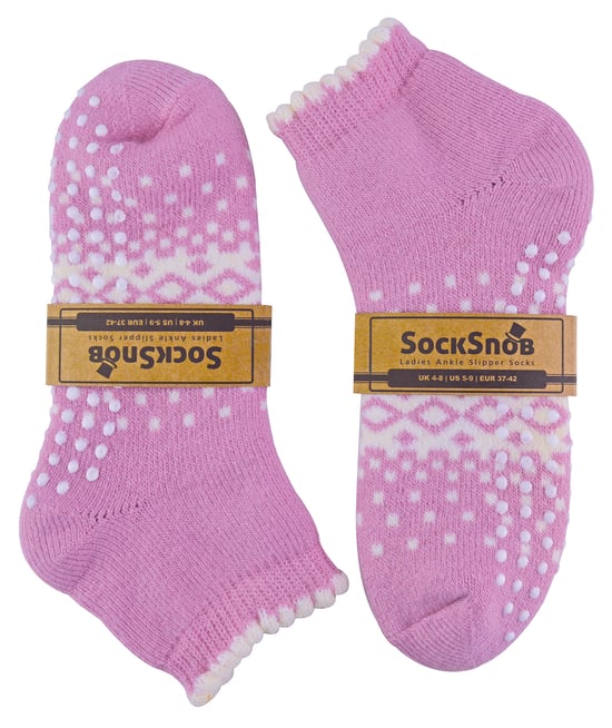 Sock Snob - Ladies / Womens Thermal Low Cut Wool Non Slip Ankle Slipper Socks - Pink - Image 2