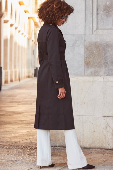 Black Longline Trench Coat With Faux Leather Trim