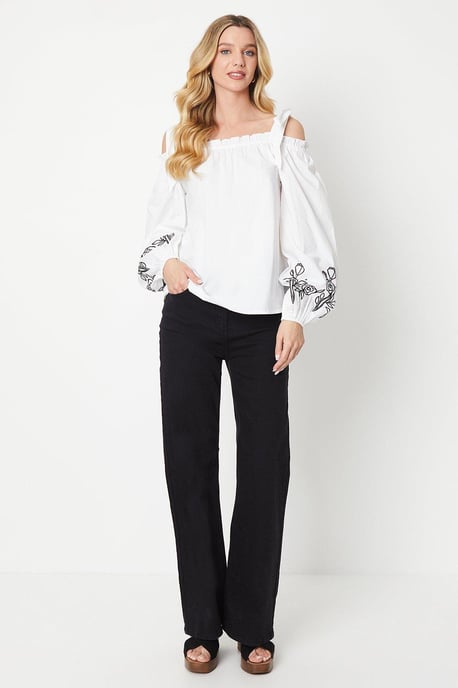 Cutwork Sleeve Poplin Tie Shoulder Top