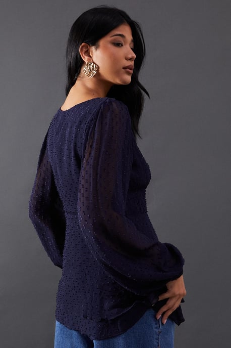Plunge Neck Dobby Chiffon Double Layer Blouse