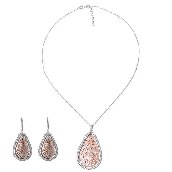 Orphelia Women's 925 Sterling Silver Set: Chain-Pendant + Earrings - Silver/Rose SET-068 - Image 2