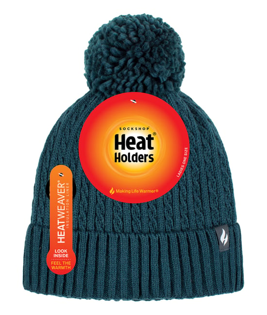 Ladies Thermal Cable Beanie Mössa | Värmehållare | Vinterstickad Pom Pom Mössa | Mjuk ribbad Bobble Mössa - Teal - Image 1