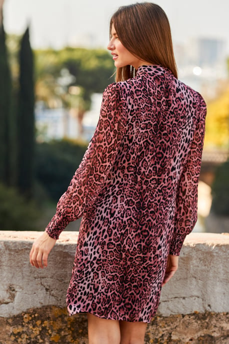 Pink Animal Print Tie Neck Shift Dress