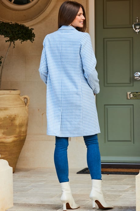Blue & White Dogtooth Print Wool Mix Coat