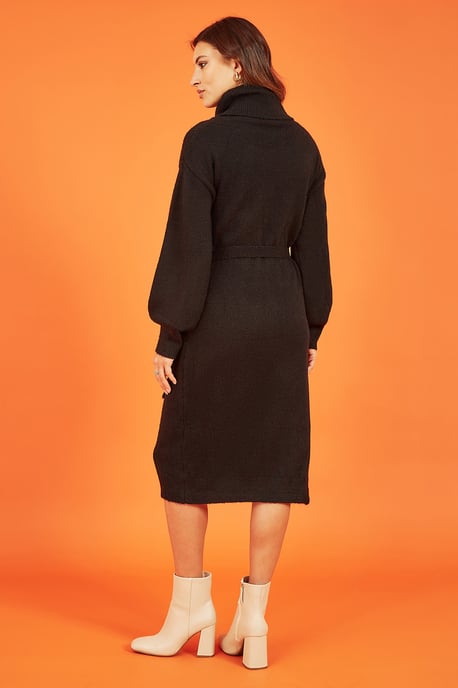 Black Roll Neck Jumper Dress With Belt
