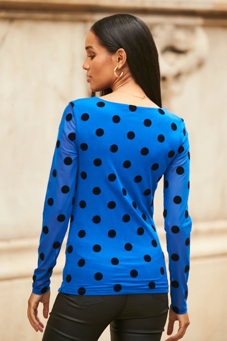 Cobalt Blue & Black Spot Print Mesh Top