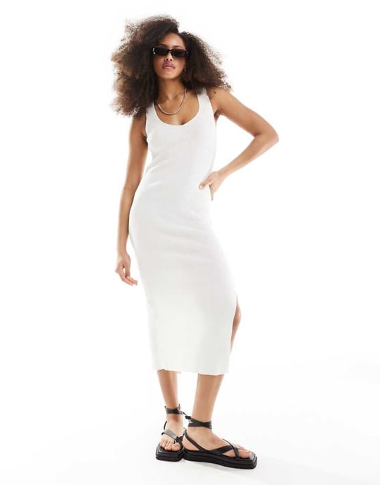 ASOS DESIGN knitted v neck midi dress in cream-Neutral