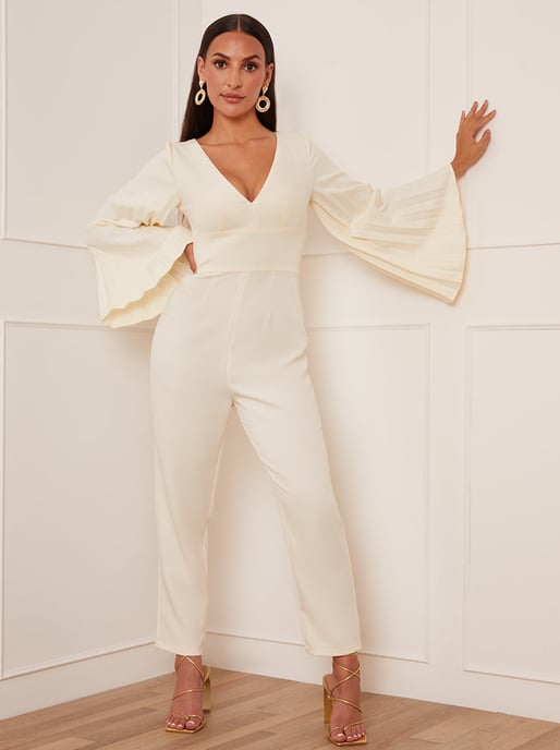 Petite Long Sleeve Pleated Jumpsuit in Cream