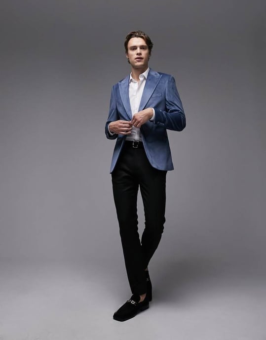 Topman skinny single breasted velvet blazer in blue - Image 3
