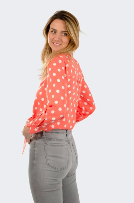 Coral Polka Dot Tie Front Blouse