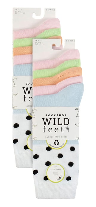 Wildfeet - 10 Pack Ladies Bamboo Crew Socks with Dots, Leopard & Floral Pattern - Spots Pastel - Image 2