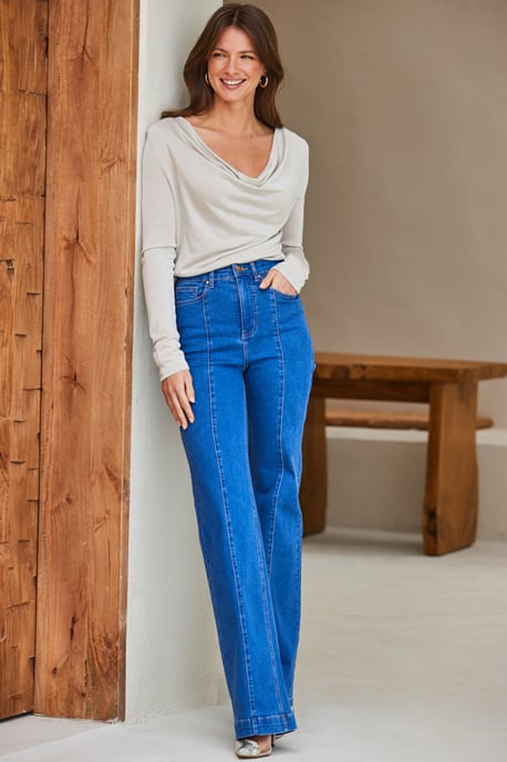 Petite Mid Blue Wide Leg Pintuck Jeans