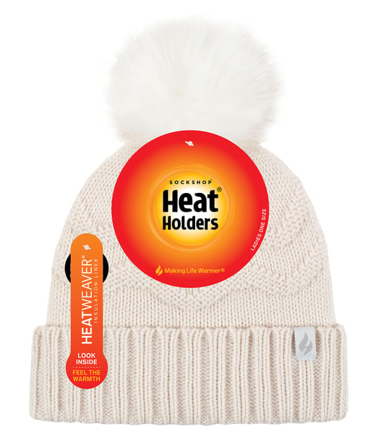 Ladies Winter Fur Beanie Hat | Heat Holders | Zigzag Patterned Pom Pom Hat | Womens Thermal Cuff Bobble Hat - Cream - Image 2
