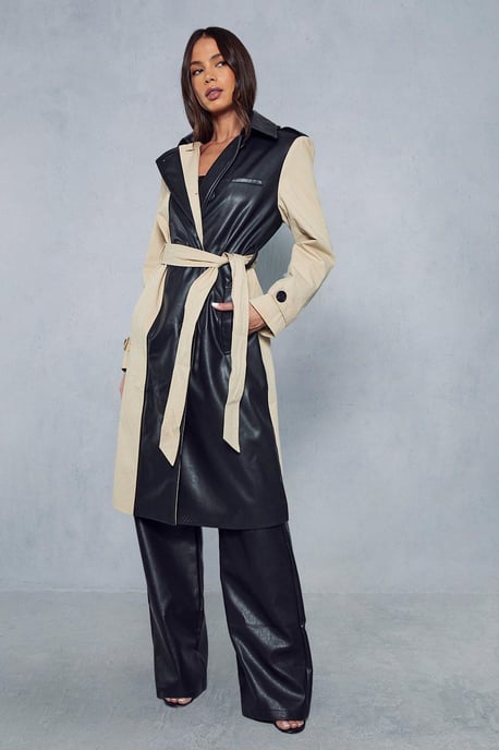 Contrast Woven Leather Look Panelled Trench Coat