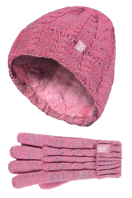 Heat Holders - Kids Girls Cute Cable Knitted Warm Fleece Lined Pompom Winter Hat and Gloves Set with Bobble - CS4P14 - Image 1