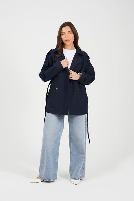 Navy Double Breasted Short Mac With Self Tie Belt