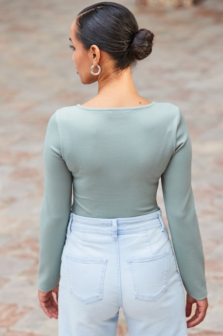 Sage Green Jacquard Ribbed Jersey Top