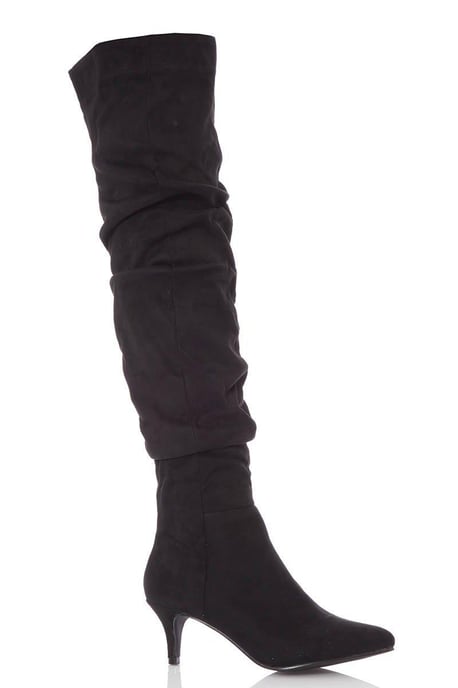 Black Faux Suede Knee High Heel Boots