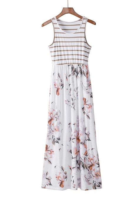 Women's Floral Print Sleeveless Maxi Dress with Pocket in White - Image 2