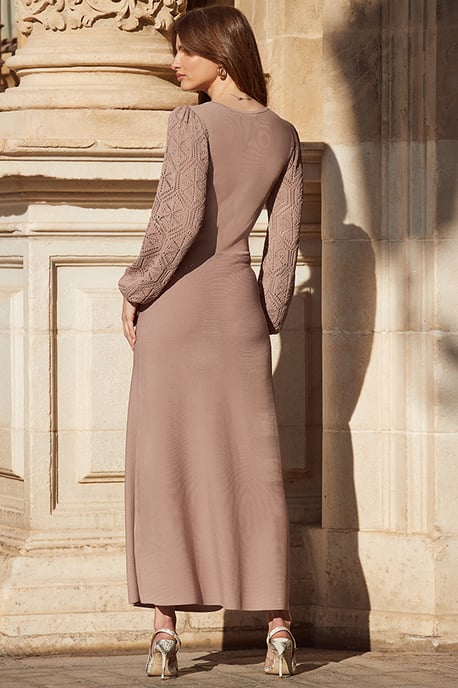Mocha Crochet Sleeve Fit & Flare Knitted Midi Dress