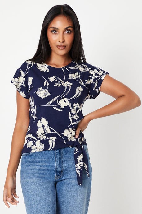 Petite Navy Floral Tie Side Jersey T-shirt