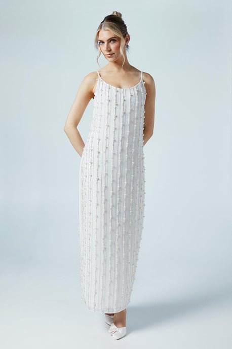 Embellished Pearl And Beads Column Bridal Maxi Dress