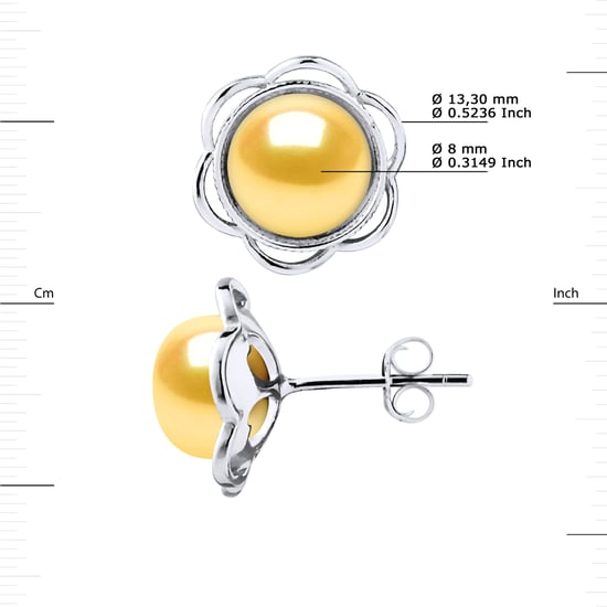 Stud Earrings FLOWER Beads Freshwater 8-9mm Golden Buttons 925