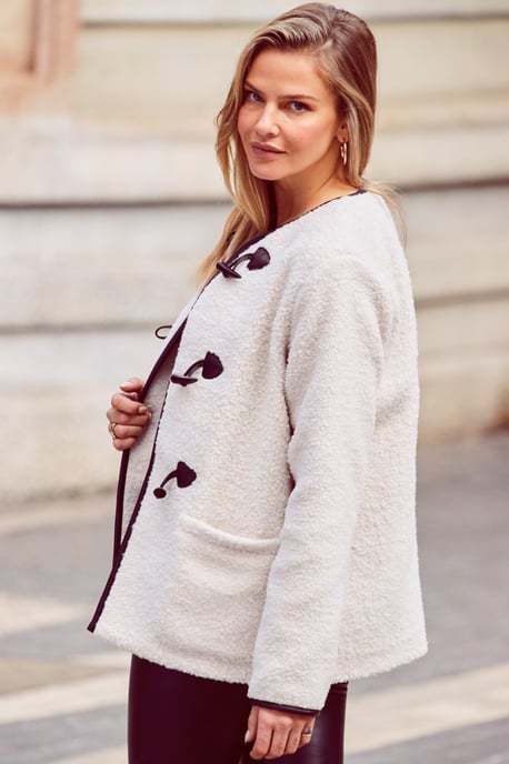 Cream Collarless Super Cosy Borg Coat With Faux Leather Toggle