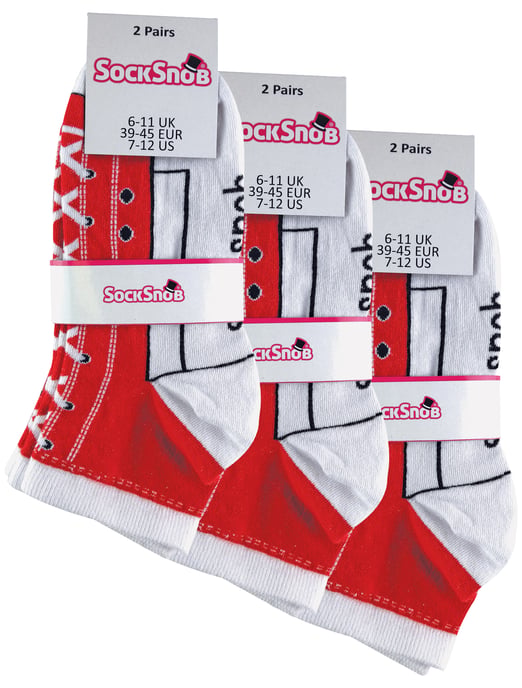 6 Pair Multipack Socks That Look Like Shoes | Sock Snob | Novelty Funny Lace Up Converse Socks - Red - Image 2