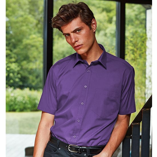 Premier Mens Short Sleeve Formal Poplin Plain Work Shirt (Purple) - Image 2