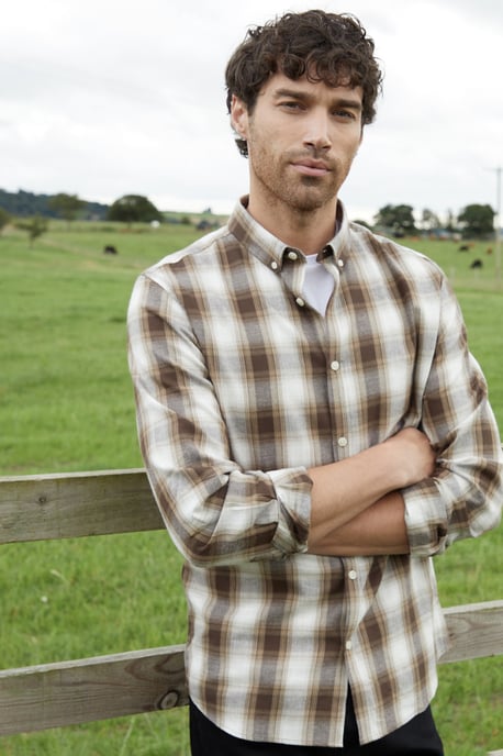 Chocolate 'Flannel' Brushed Cotton Long Sleeve Check Shirt