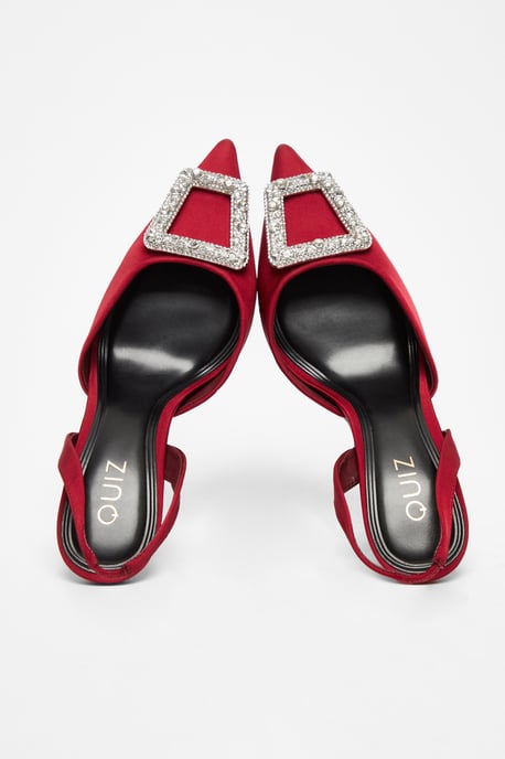 Dark Red Satin Brooch Court Heels