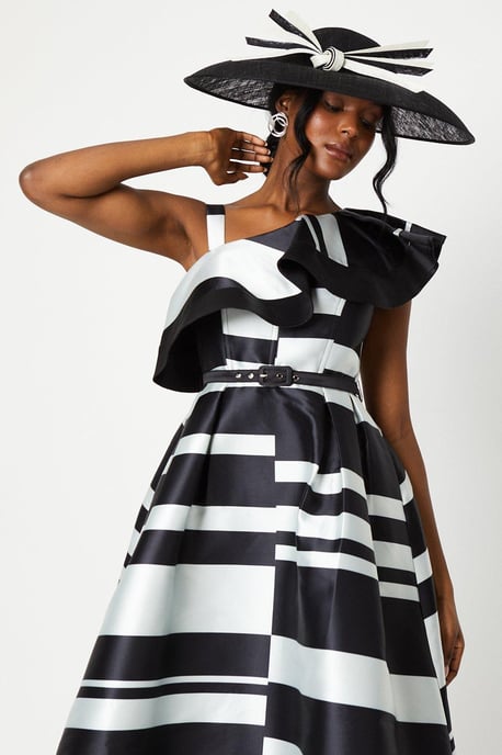 Lisa Tan Geo Stripe Monochrome Ruffle Shoulder Midi Dress