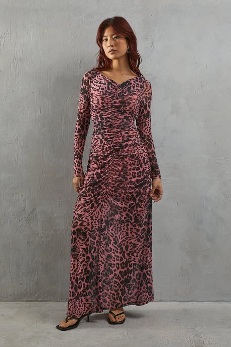 Leopard Print Mesh Fitted Ruched Midi Dress