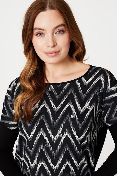 Black Chevron Print Long Sleeve Top