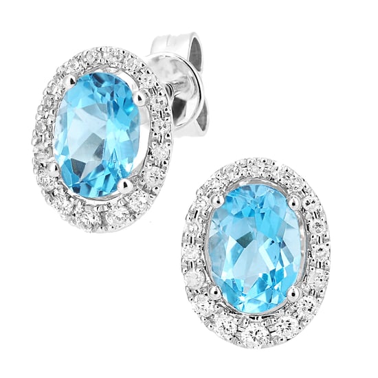 9ct White Gold Diamond and Swiss Blue Topaz Gemstone Oval Cut Stud Earrings