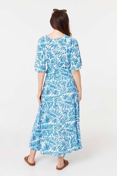 Blue Leaf Print 1/2 Sleeve Wrap Dress