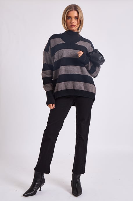 Grey Wide Stripe Oversized Jumper