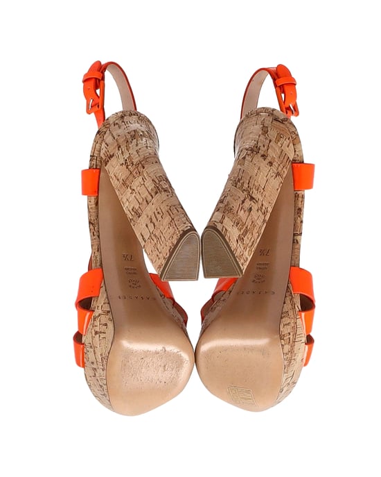 Casadei Crisscross High Block Heel Sandals in Orange Patent Leather - Image 6