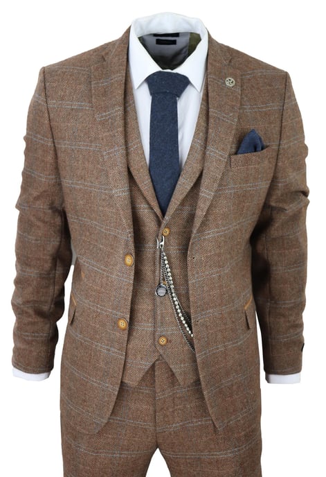 Mens 3 Piece Wool Suit Oak Brown Tweed Herringbone Check Peaky Blinders Gatsby - Image 1