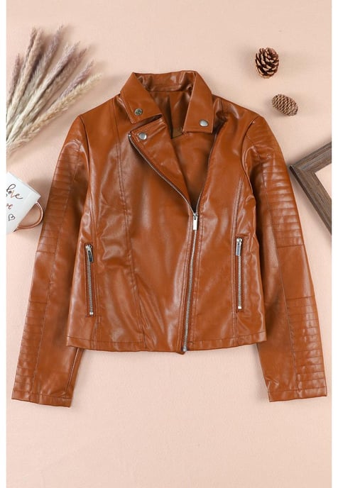 Women's Ribbed Seam Detail Faux Leather Motorcycle Jacket in Brown - Image 2