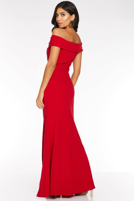 Red Bardot Ruched Split Maxi Dress