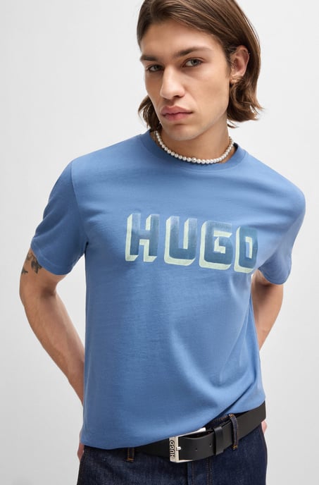Men's Hugo Logo Print Cotton-Jersey T-Shirt in Blue