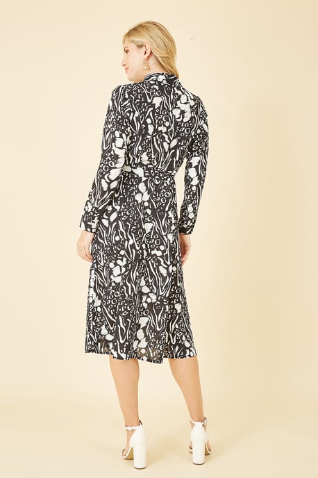 Mela Black Animal Print Long Sleeve Midi Shirt Dress