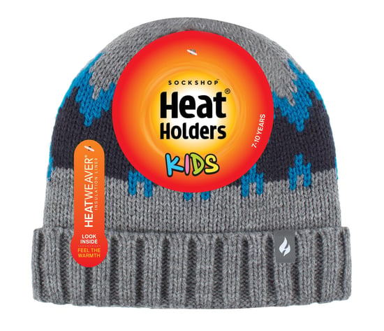 Heat Holders - Boys Thick Ribbed Woven Knitted Soft Pom Pom Bobble Beanie Hat - Pebble Melange/Teal/Navy - Image 2