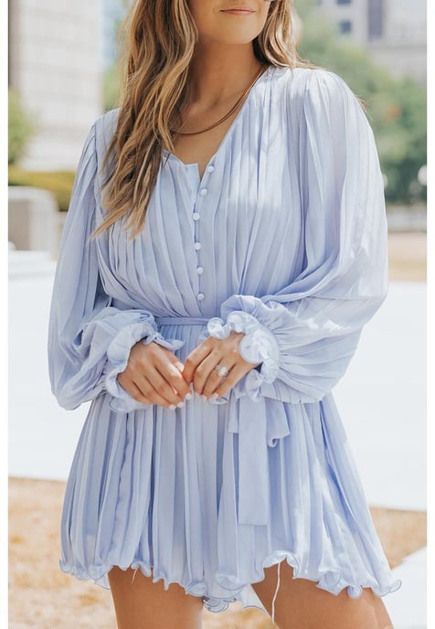 Women's Pleated Ruffled Tie Waist Romper in Sky Blue - Image 3