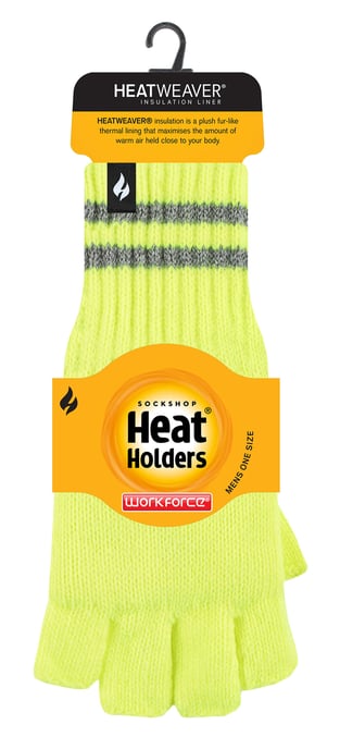 Mens Knitted Fingerless Reflective Gloves for Winter | Heat Holders | Thermal Hi Viz Work Gloves - Yellow - Image 2
